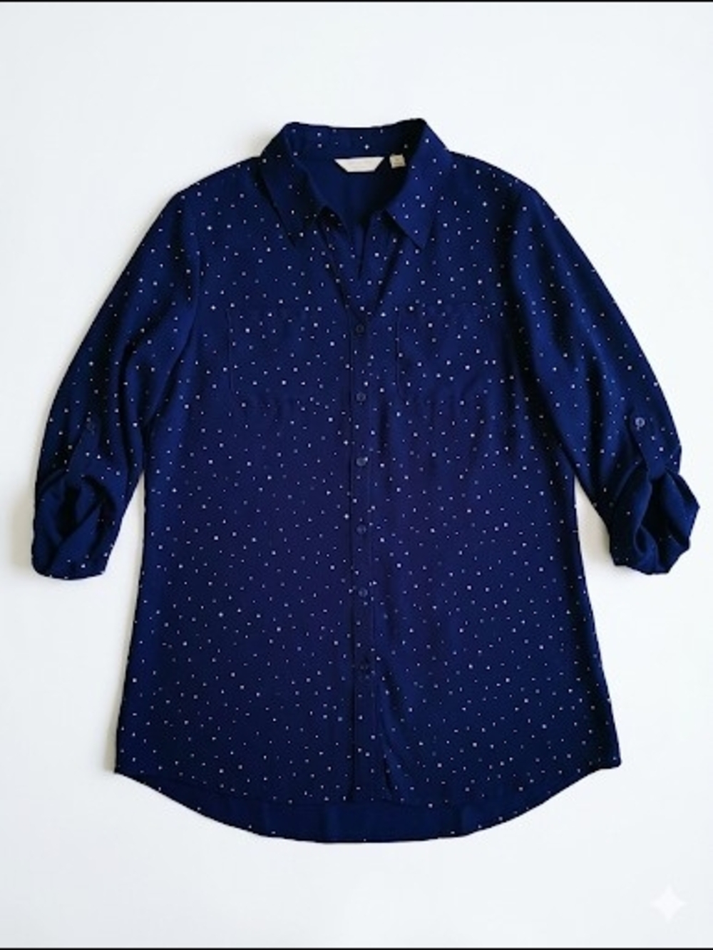 Coral Bay Women's Navy Blue Polka Dot Button-Down Blouse Sz L